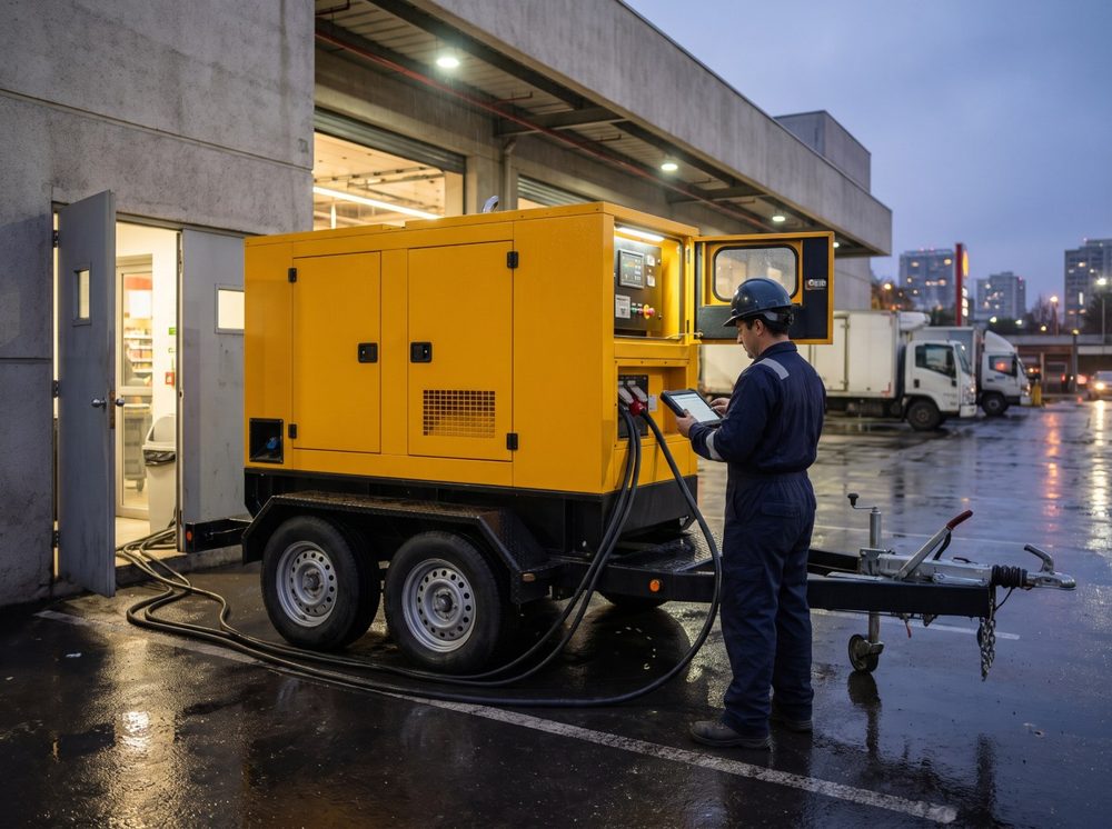 Generador de 200 kVA sobre carro conectado como respaldo eléctrico en el andén de un supermercado