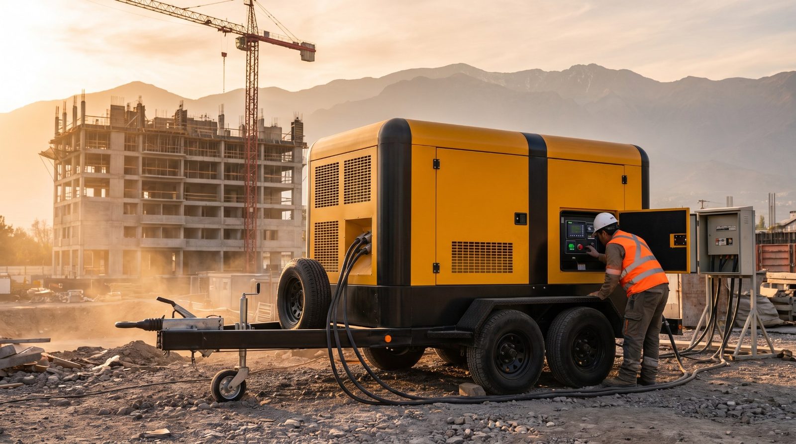 Generador insonoro amarillo de 200 kVA sobre carro de arrastre entregando energía en una obra de construcción en Santiago