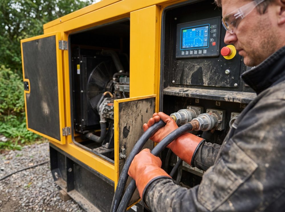 Técnico conectando cables de fuerza al panel de un generador insonoro amarillo